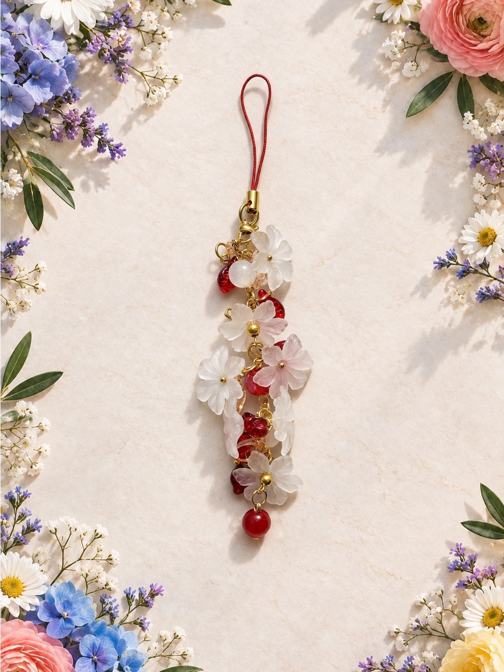 Delicate Red & White glass Floral Phone Charm/Keychain